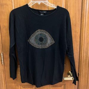 LIKE NEW RACHEL ZOE BLACK SWEATER WITH CRYSTAL EVIL EYE SIZE MEDIUM